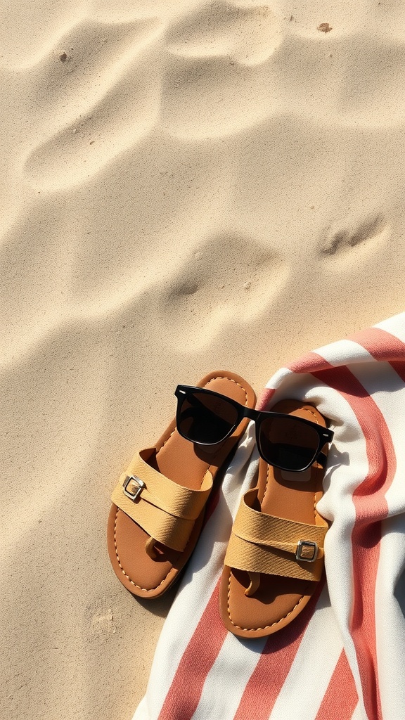A pair of yellow flat sandals on sandy ground next to a striped beach towel and sunglasses.