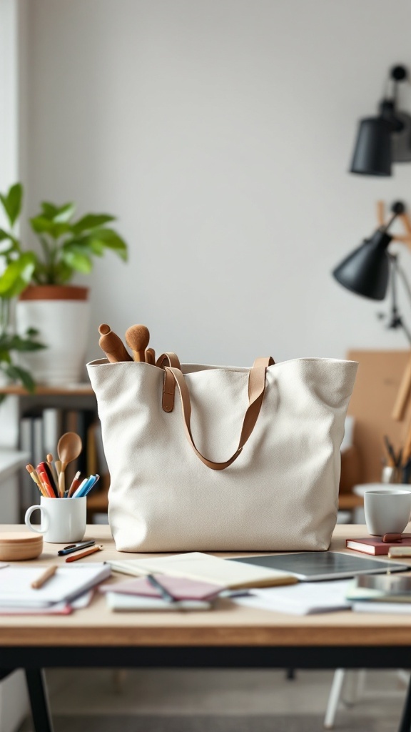 A stylish functional tote bag placed on a table with notebooks and stationery.