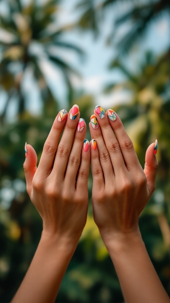 Hands with geometric patterned nails against a tropical background.