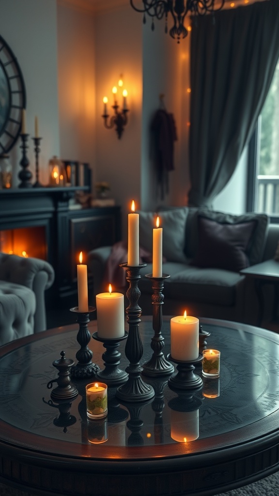 A gothic-inspired candle arrangement on a table, featuring tall candlesticks and smaller votives, creating a cozy atmosphere.