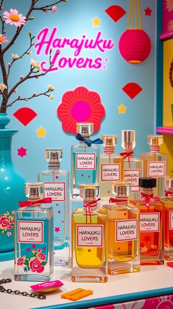 Display of Harajuku Lovers perfume bottles with colorful designs.