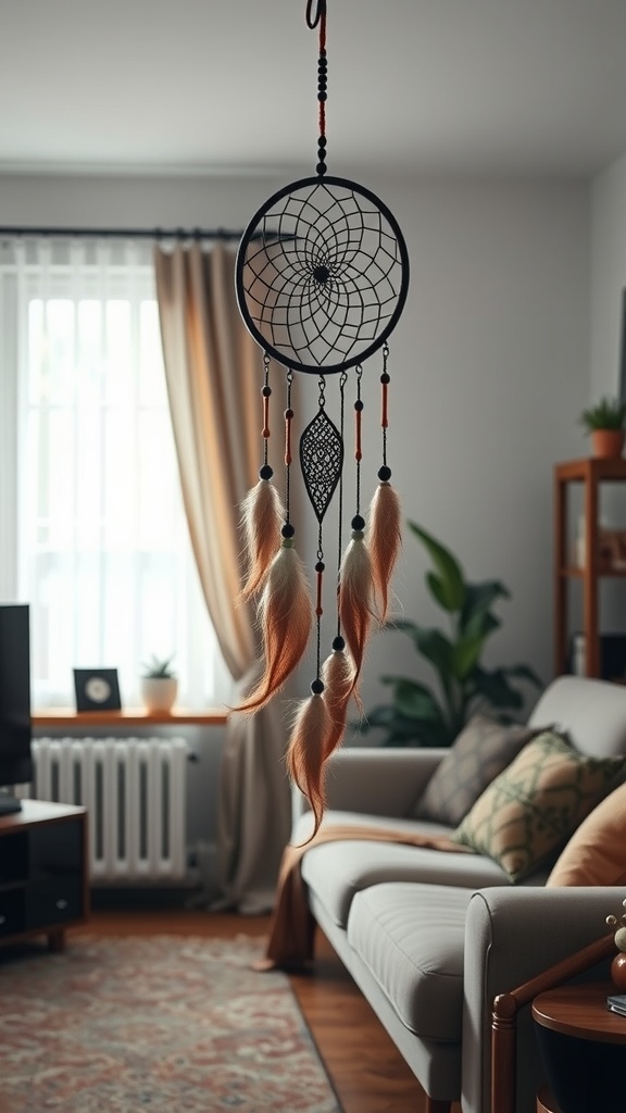 A hanging dreamcatcher with feathers in a cozy living room setting
