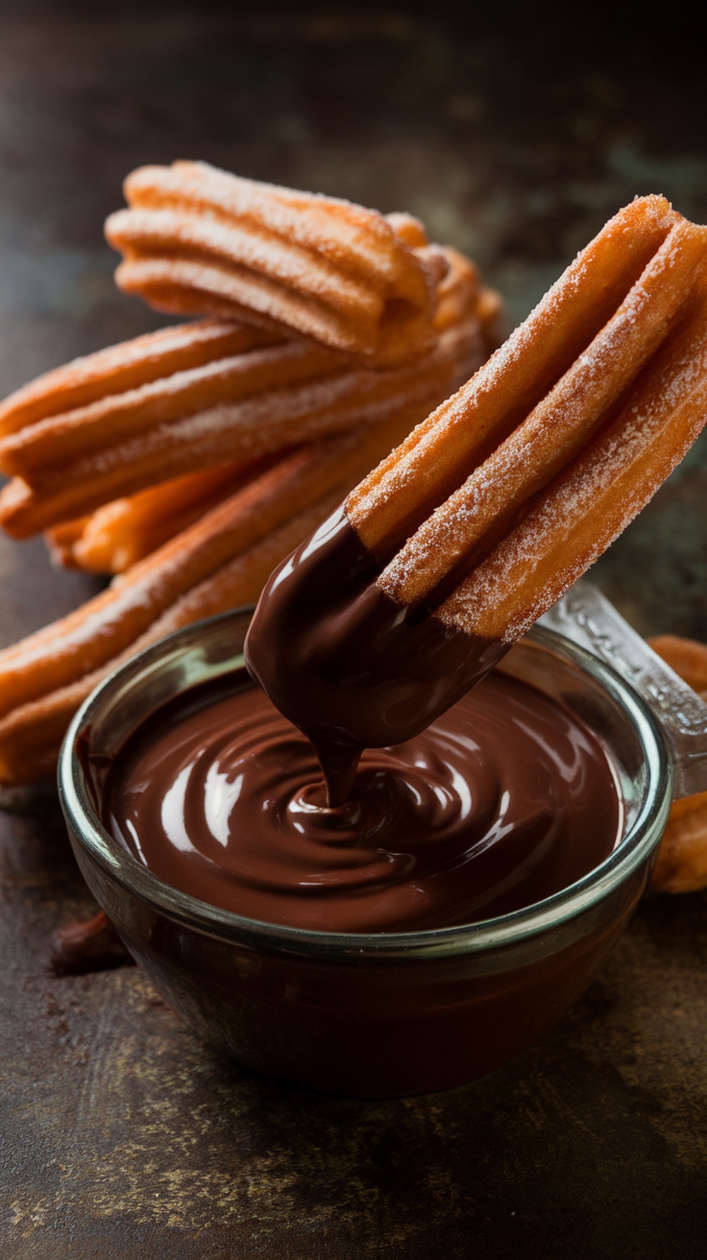Churros dipped in chocolate sauce with a bowl of chocolate in the background.