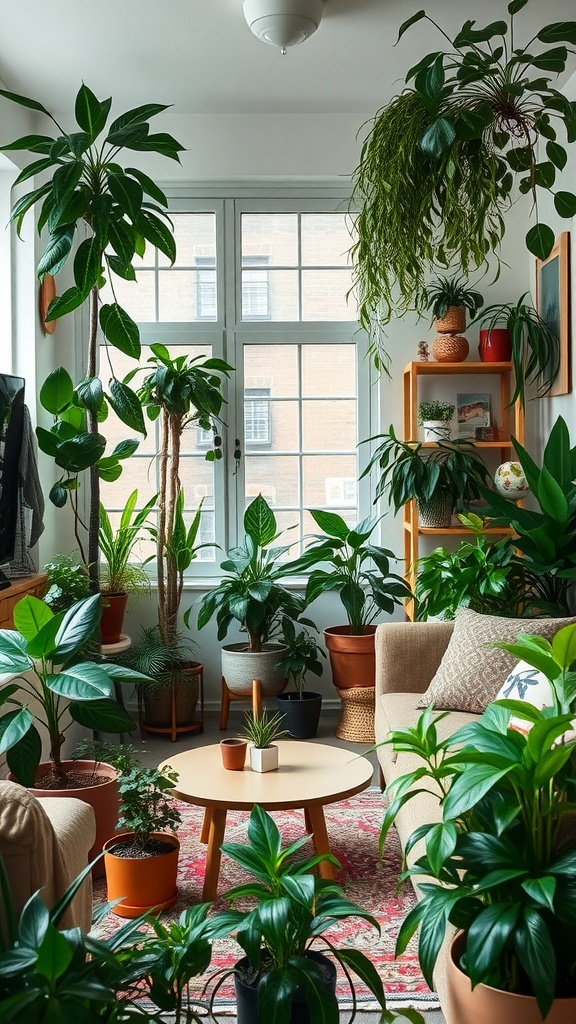 A cozy living room filled with various plants, showcasing a mix of sizes and types, creating a natural vibe.