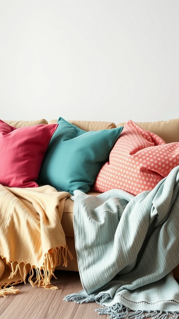 A cozy couch with colorful pillows and soft throws, showcasing a welcoming living room style.