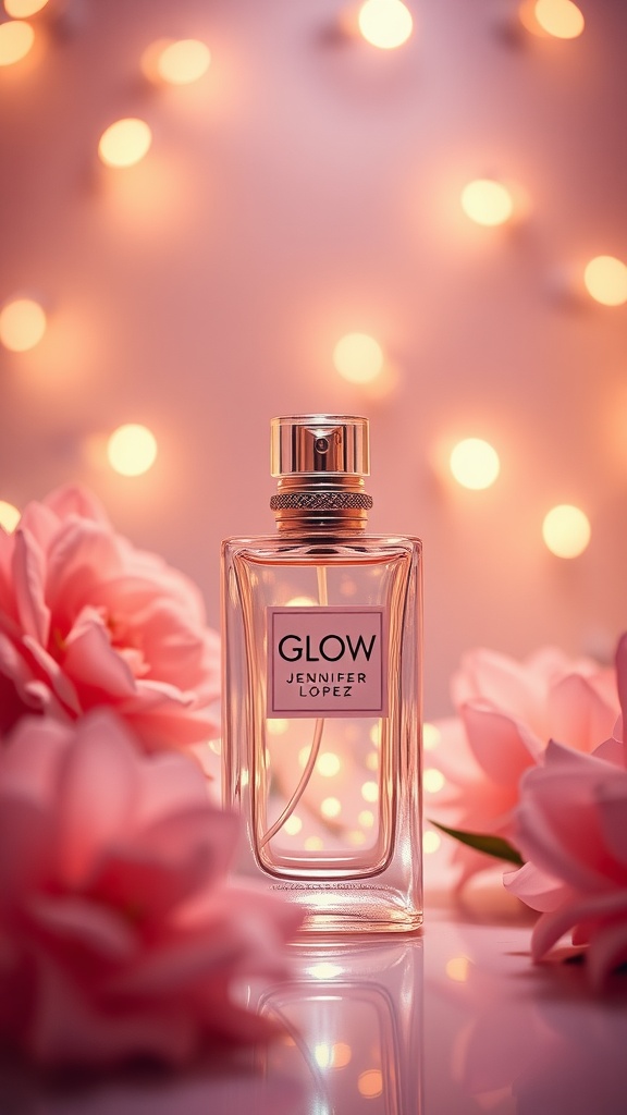 A bottle of Jennifer Lopez's Glow perfume surrounded by pink flowers and soft lights.