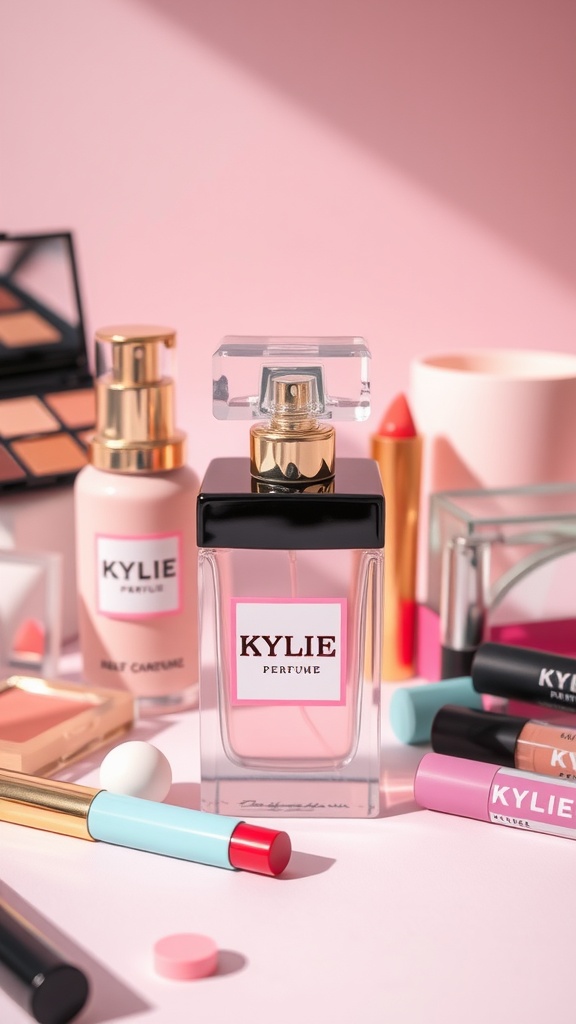Kylie Jenner's perfume bottle surrounded by makeup products on a pink background.