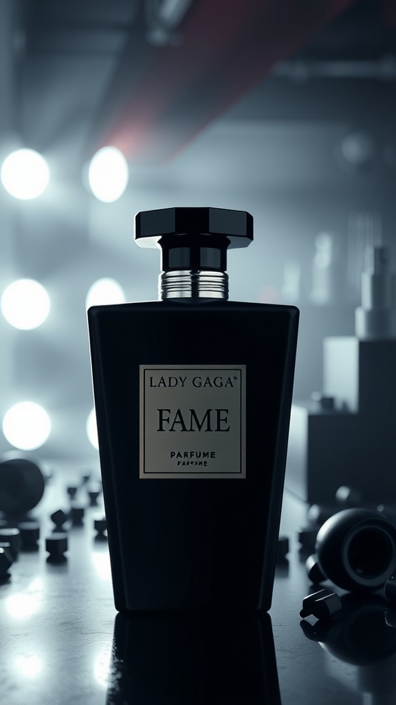 A bottle of Lady Gaga's Fame perfume on a stylish background.