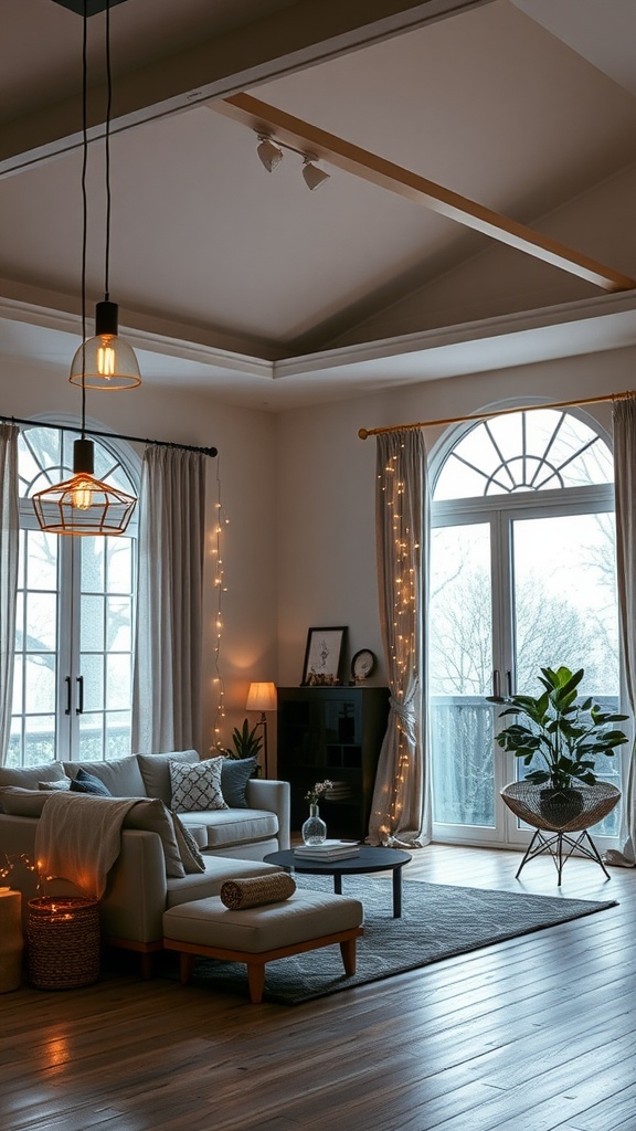 A cozy living room with modern pendant lights, string lights, and a warm atmosphere.