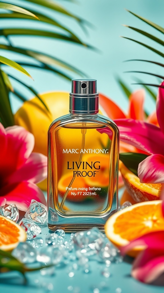 Bottle of Marc Anthony's Living Proof perfume surrounded by tropical flowers and citrus fruits.