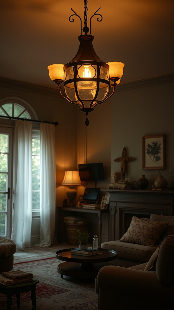 A warm-lit chandelier hanging in a cozy living room, surrounded by soft furnishings and decor.