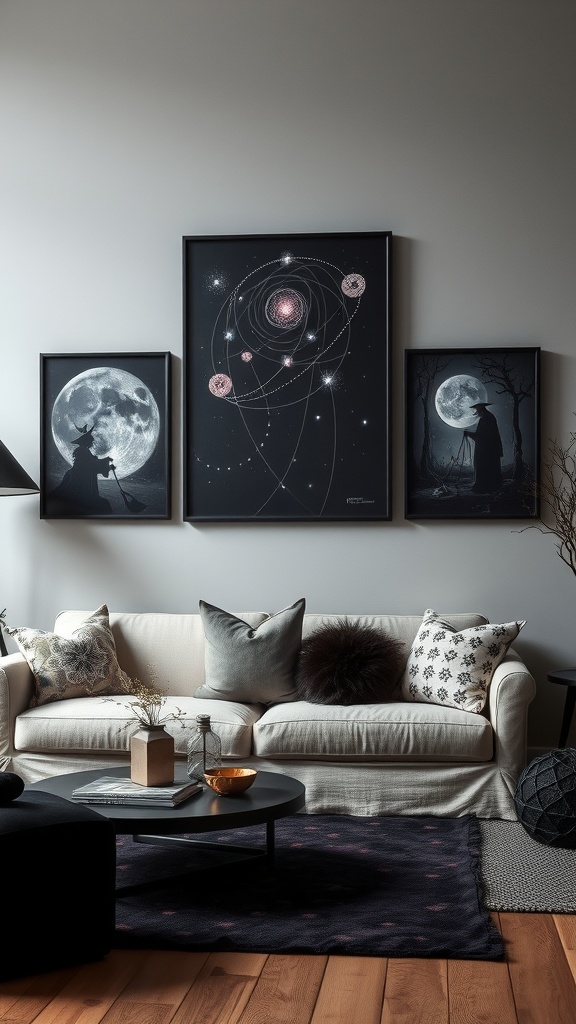 Cozy living room with mystical wall art featuring cosmic designs and witch silhouettes