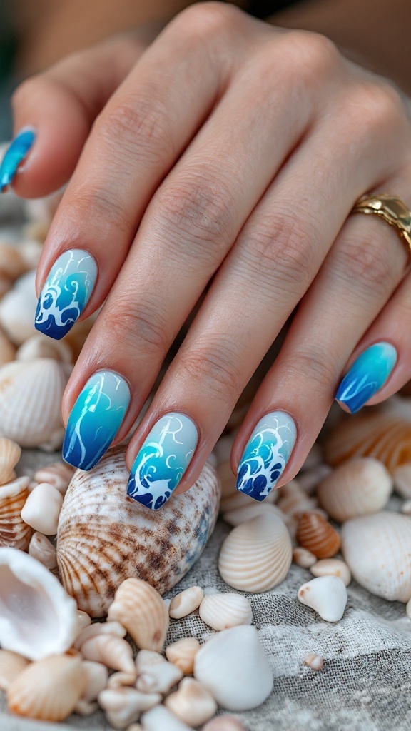 Nails with ocean wave ombre design in shades of blue, surrounded by seashells and starfish.
