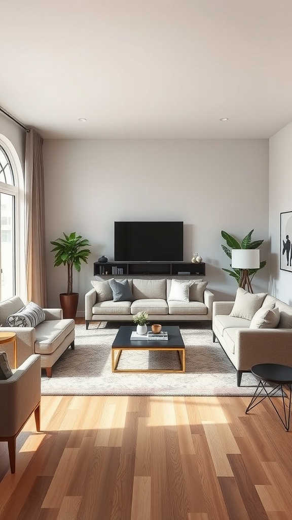 A modern living room with neutral furniture, a coffee table, and plants.