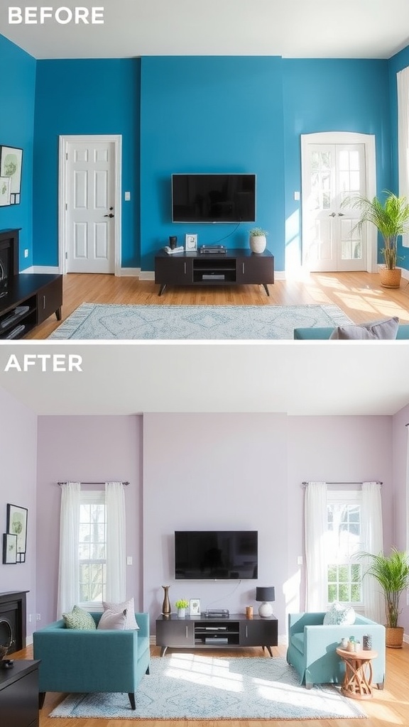 Before and after images of a living room transformation showing a color change from peach to teal.