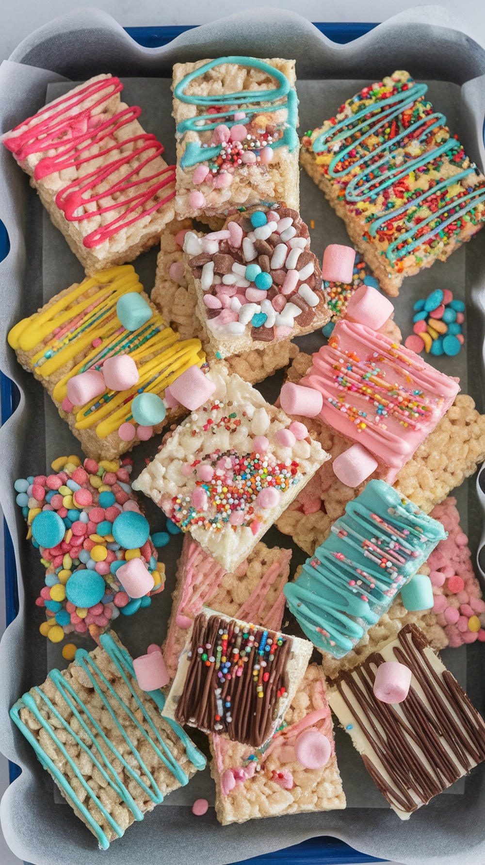 Colorful Rice Krispie treats decorated with icing and sprinkles