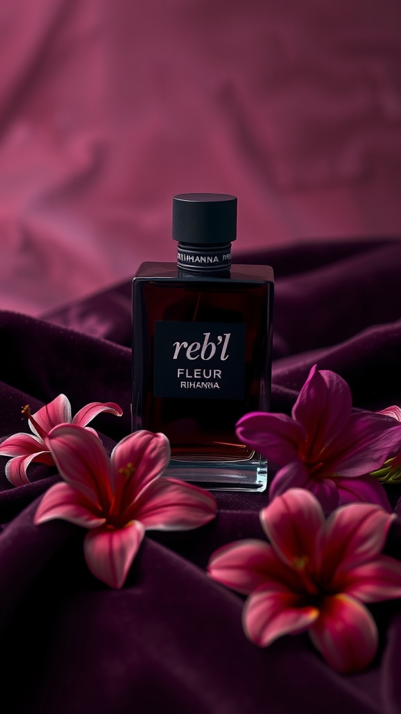 A bottle of Rihanna's Reb'l Fleur perfume surrounded by pink flowers on a velvet background.