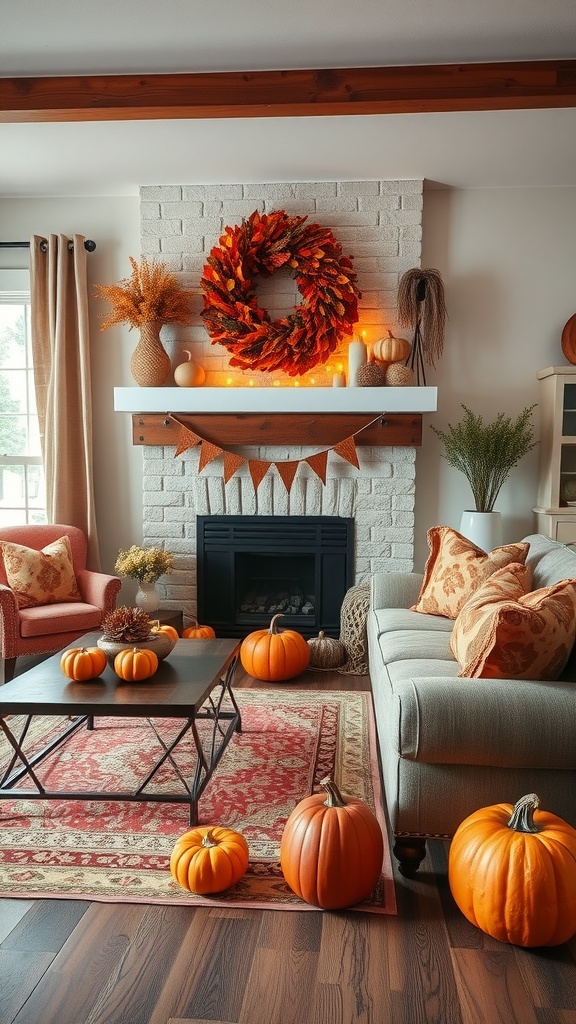 Cozy living room decorated for fall with pumpkins, a wreath, and warm lighting.