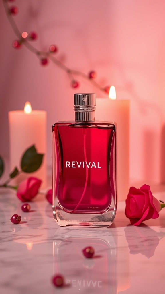 A bottle of Selena Gomez's Revival perfume on a marble surface with candles and roses.