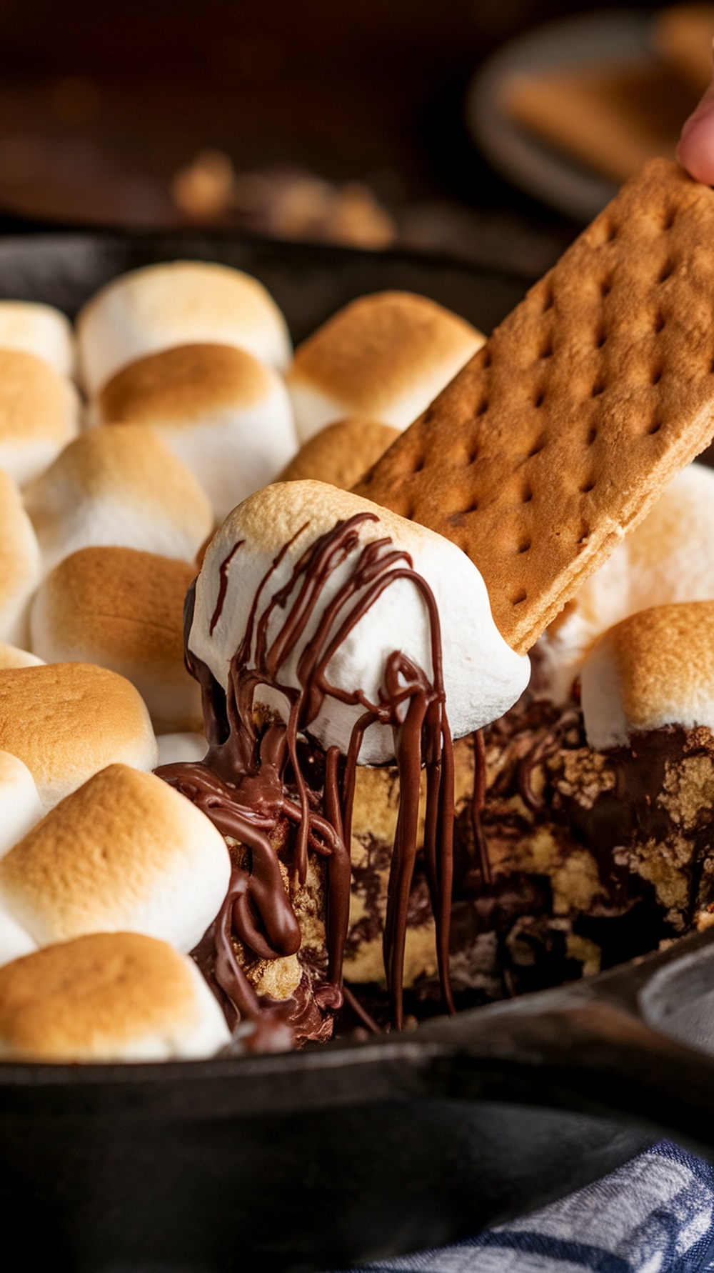 A skillet filled with melted chocolate and toasted marshmallows, with a graham cracker ready for dipping.