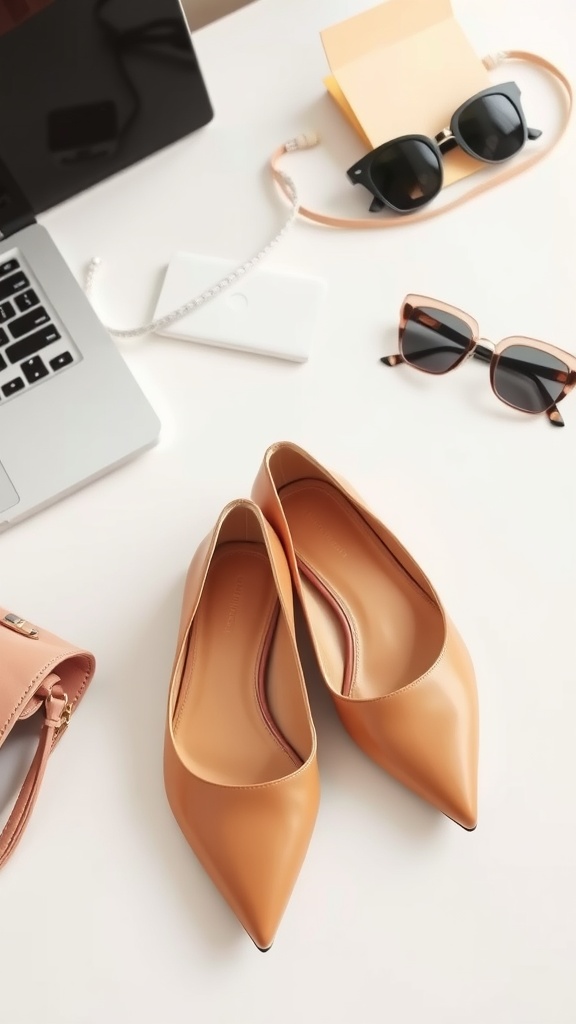 A pair of sophisticated pointed-toe flats with a stylish background of a laptop and accessories.