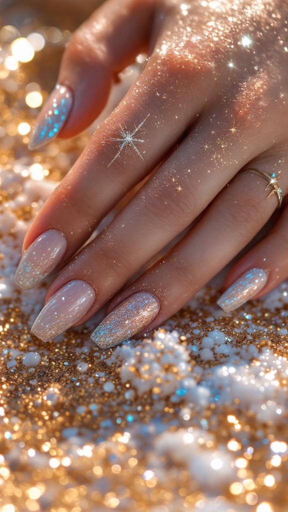 A close-up of hands with glittering summer nail design on a sandy surface.