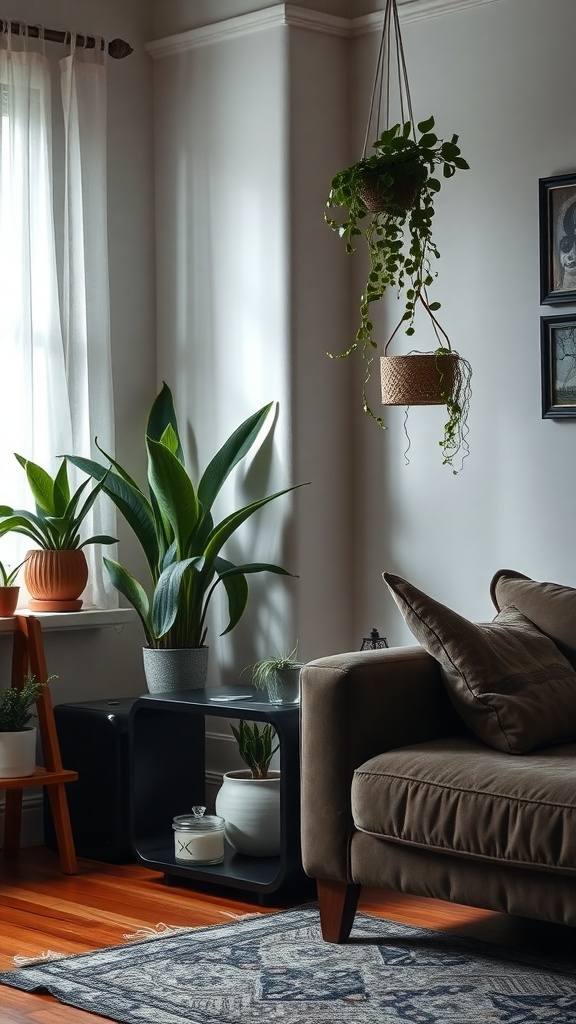 A cozy living room corner with various plants, including a hanging plant and larger floor plants, creating a serene and slightly mysterious atmosphere.