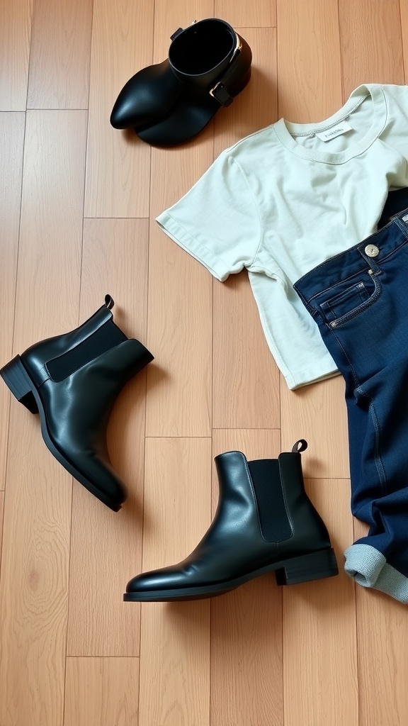 Stylish black Chelsea boots paired with a casual white t-shirt and jeans