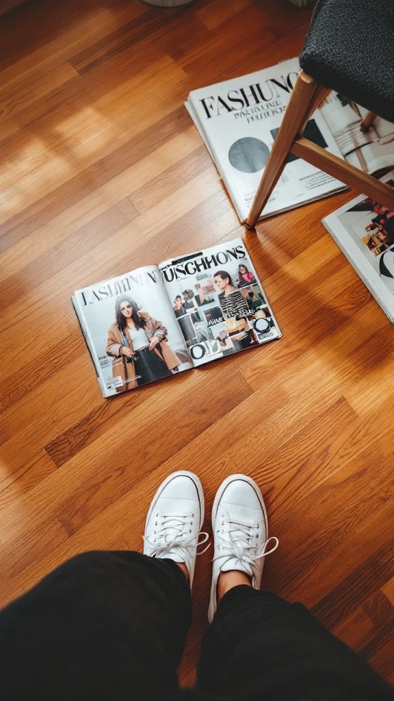 Pair of white sneakers on wooden floor with fashion magazines