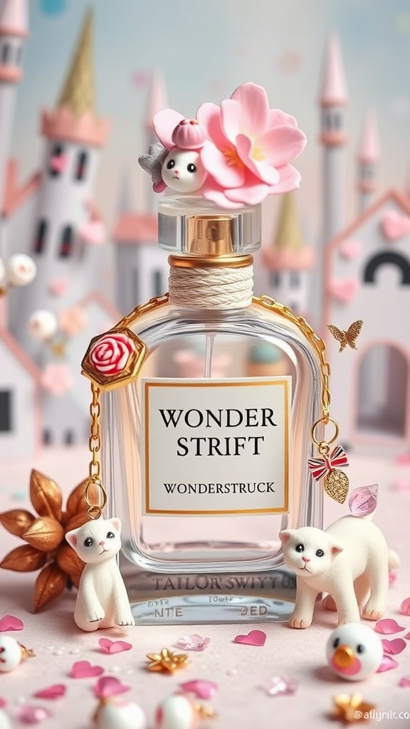 Bottle of Taylor Swift's Wonderstruck perfume surrounded by whimsical decorations.