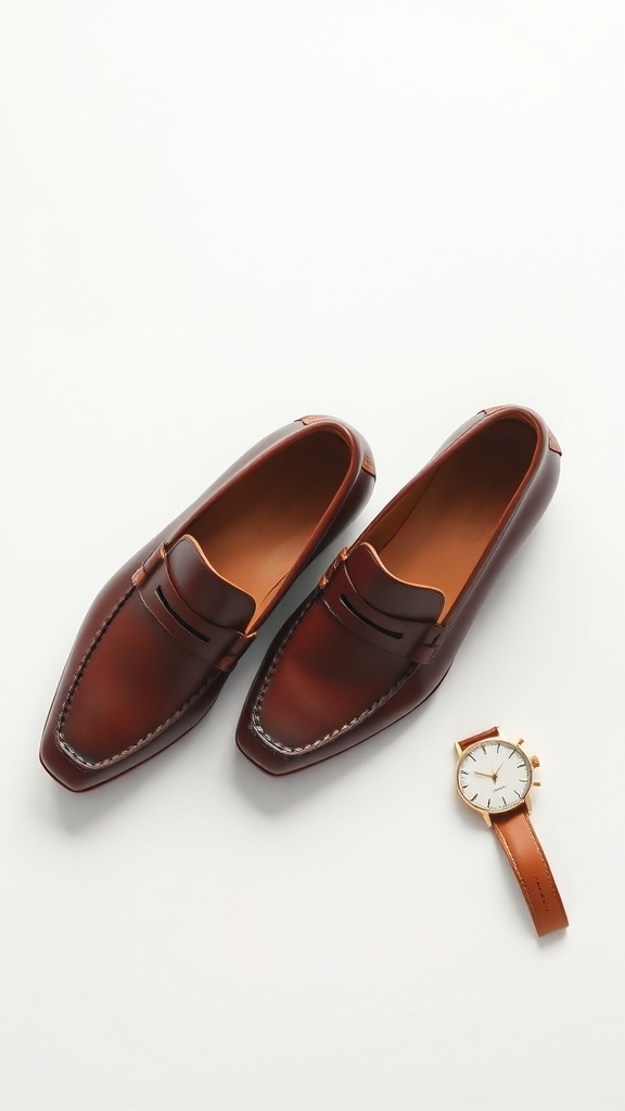 A pair of brown loafers next to a stylish watch on a white background.