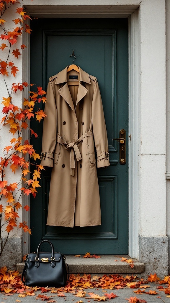 A beige trench coat hanging on a door with autumn leaves and a black handbag in front.