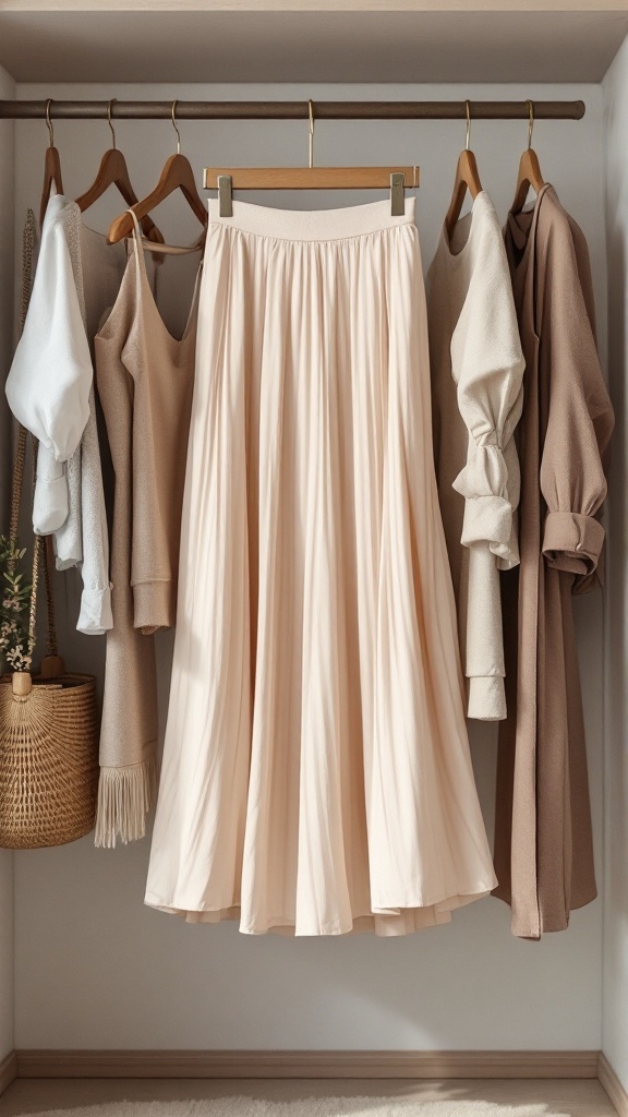 A beige midi skirt hanging in a wardrobe with various tops.