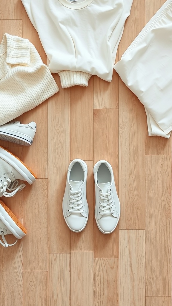 A pair of versatile white sneakers surrounded by neutral clothing items.