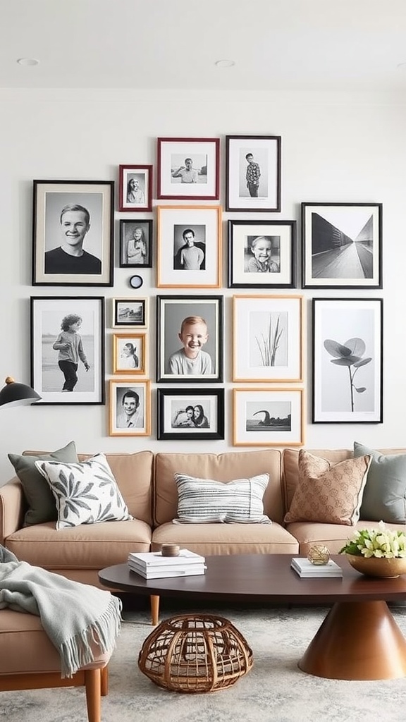 A wall displaying a gallery of framed black-and-white photos and a cheerful print, with a plant and furniture in the foreground.