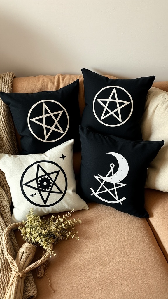 A cozy living room setup featuring witchy throw pillows with mystical symbols.