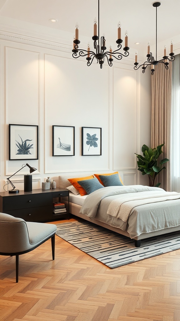 A stylish beige and black bedroom featuring modern and classic elements, with a chandelier, wall art, and a cozy plant.