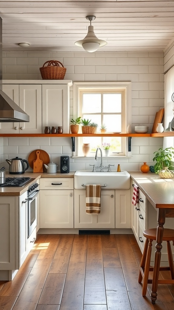 A rustic farmhouse kitchen featuring white cabinets, wooden shelves, a farmhouse sink, and natural light.
