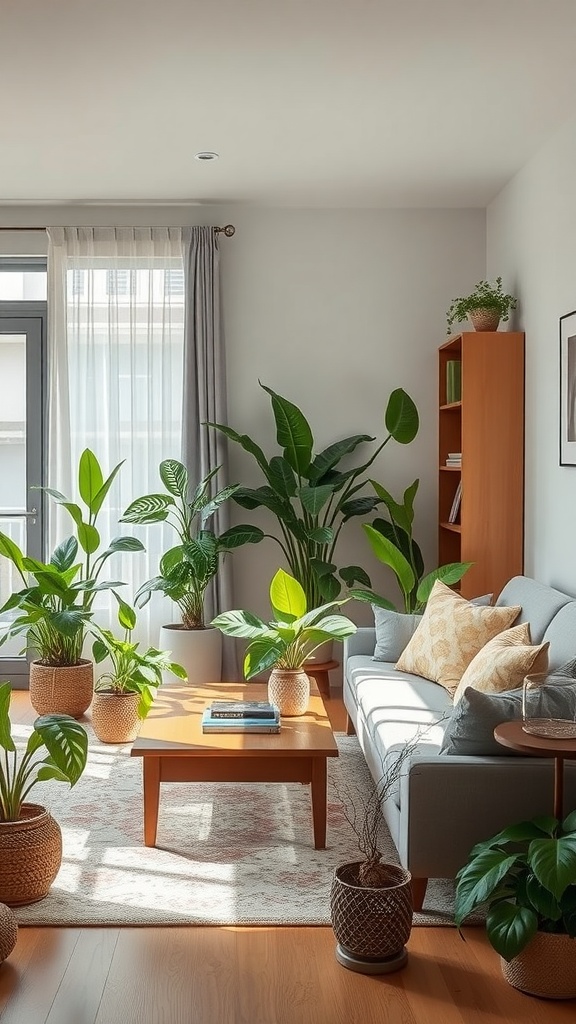 A cozy Korean living room decorated with various indoor plants, featuring a gray sofa, wooden coffee table, and natural light streaming in.