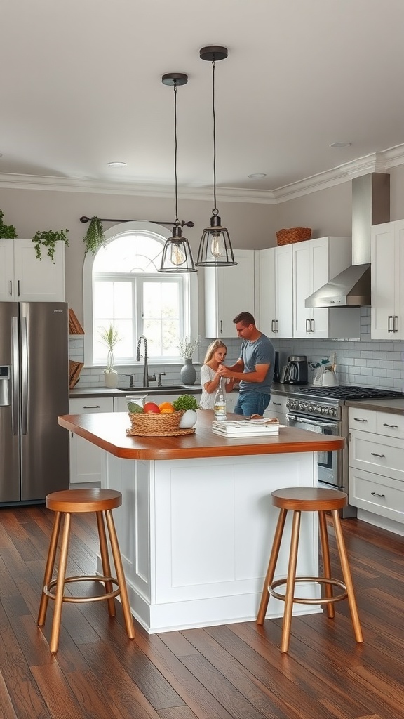 A cozy farmhouse kitchen featuring a welcoming island with wooden stools, fresh fruits in a basket, and a couple interacting.