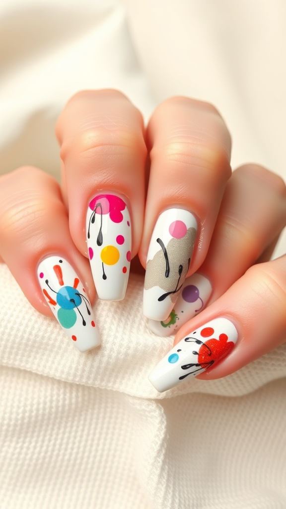 Colorful abstract art nail design with dots and lines on a white background.