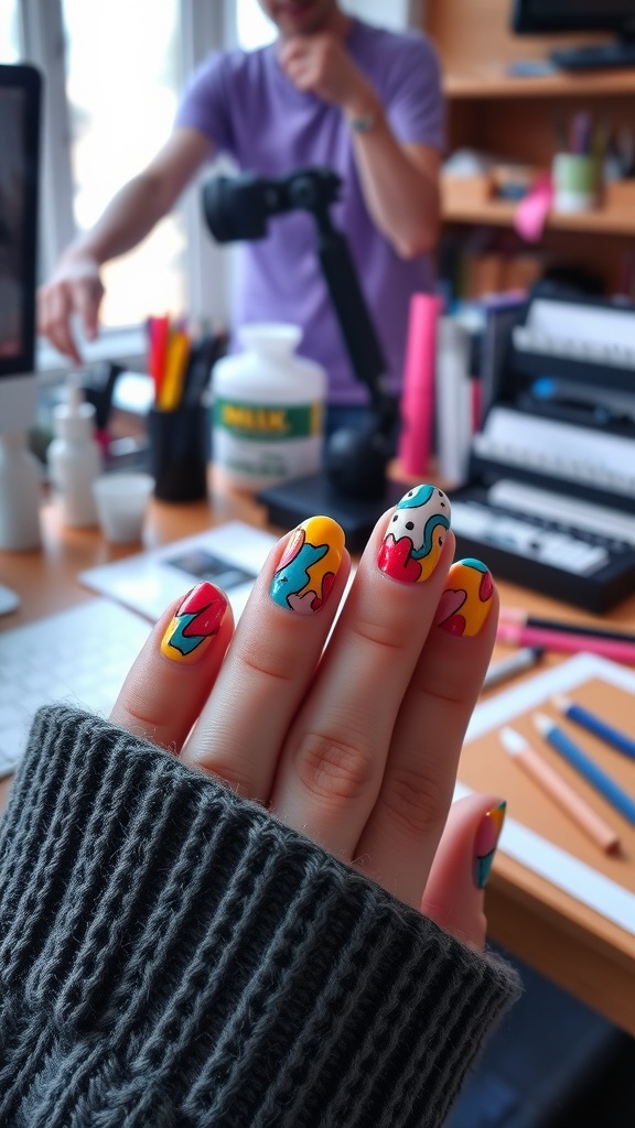 Colorful abstract art almond nails with a creative design.