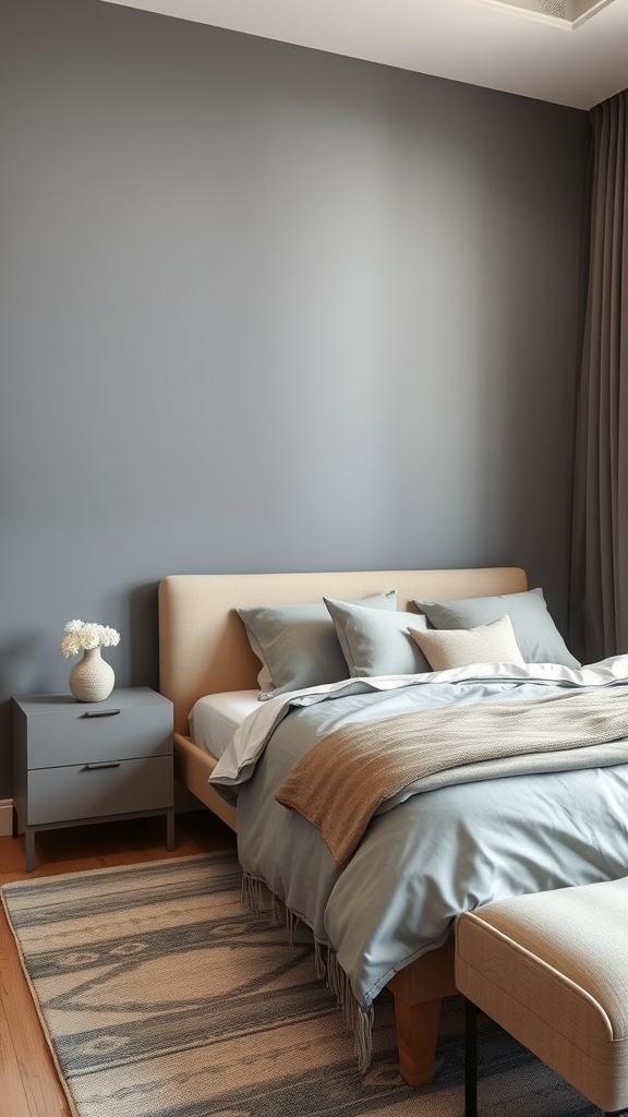 A modern gray and beige bedroom featuring a beige bed, nightstand, and rug.