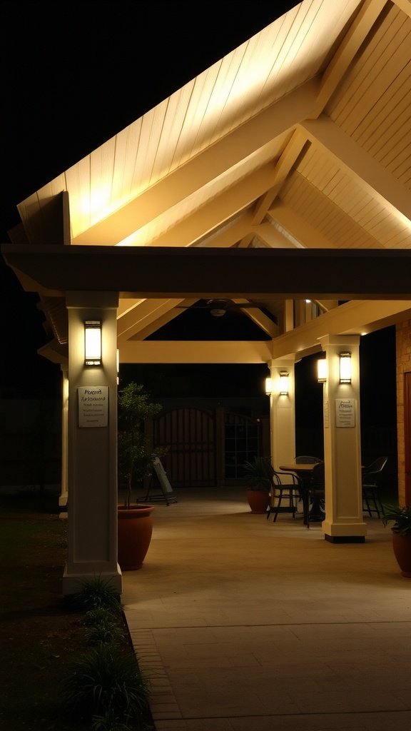 A well-lit covered patio showcasing architectural features with warm accent lighting.