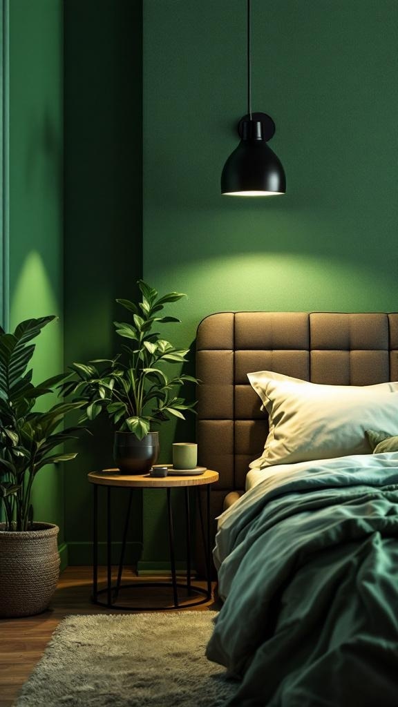 A green and black bedroom featuring a black pendant light, a cozy bed, and indoor plants.