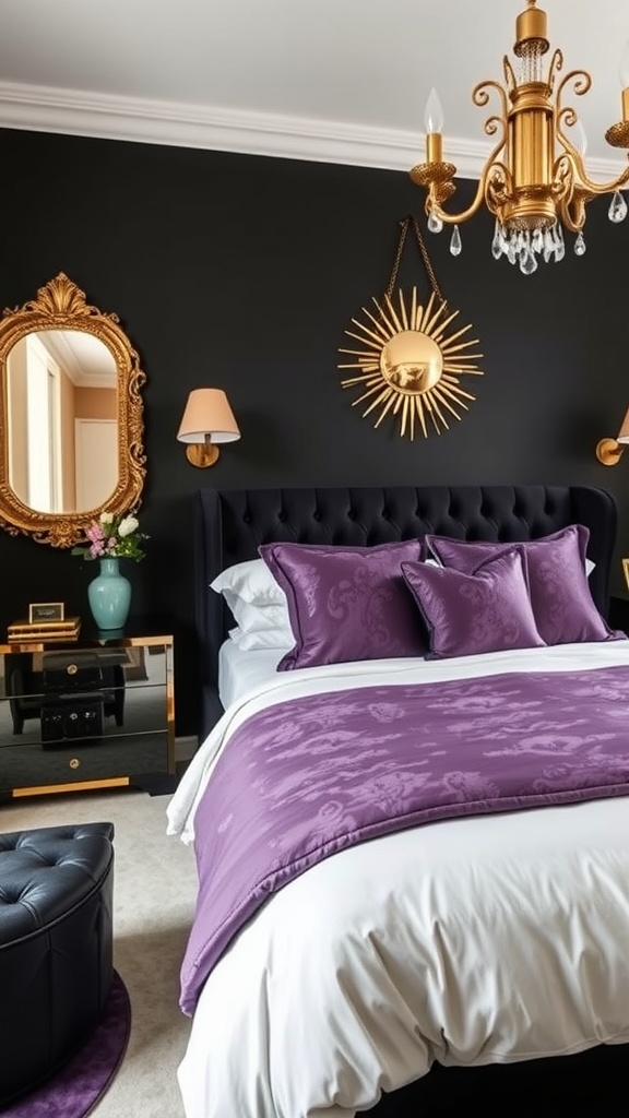 A stylish black and purple bedroom featuring gold metallic accents.