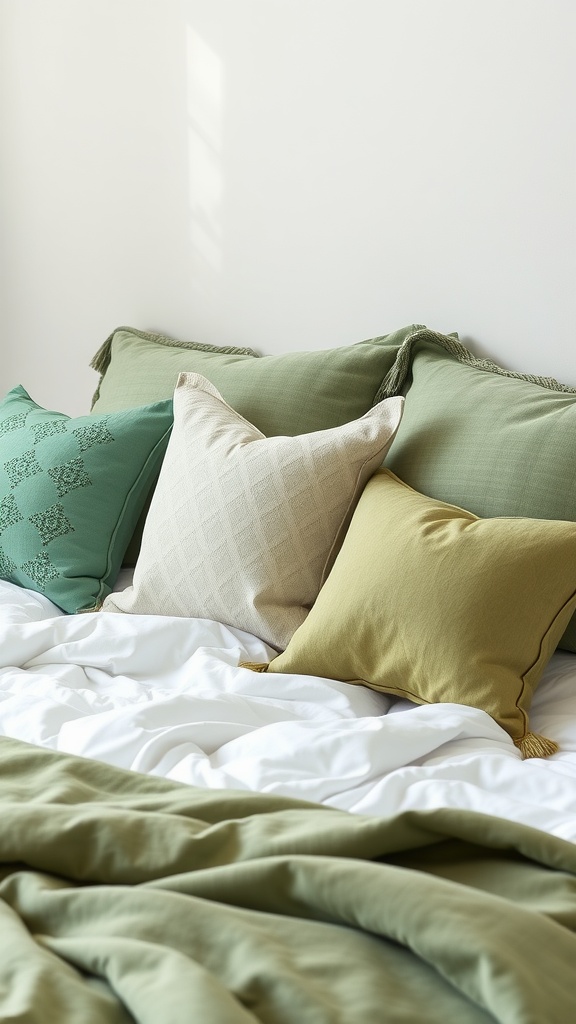 A cozy bed with various sage green accent pillows and a white blanket.