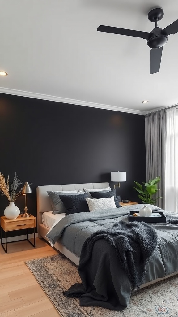 A modern bedroom featuring a black accent wall, grey bedding, and stylish decor.
