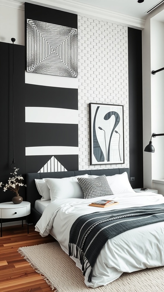 A cozy black and white bedroom featuring an accent wall with bold stripes and intricate patterns.