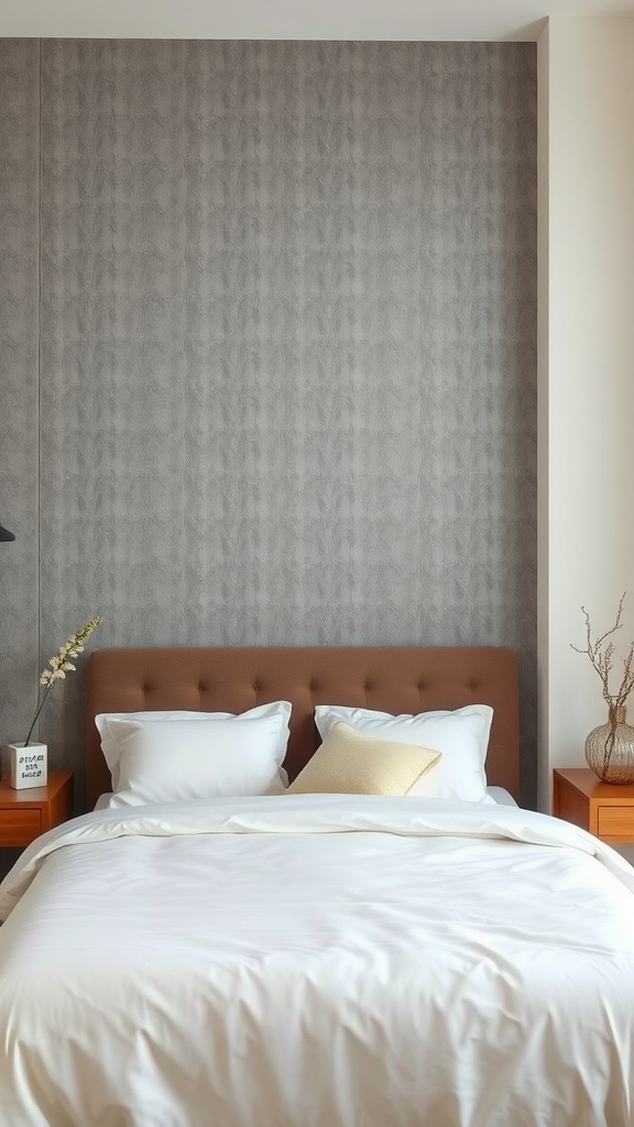 Bedroom with grey wallpaper accent wall, brown headboard, and white bedding